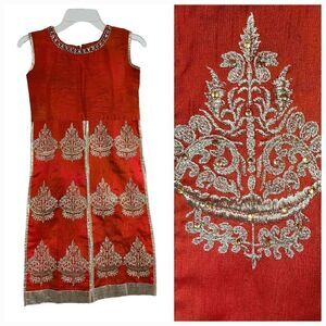 Girls Festive Rust/Gold Front Cut Embroidered Indian Pakistani Kurta Ethnic Wear